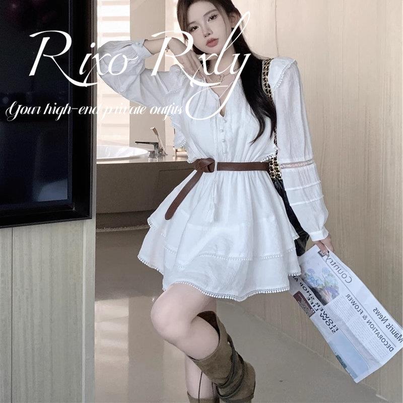 RIXO RXLY法式白色长袖衬衫洋装女春秋季小众设计感气质蓬蓬裙