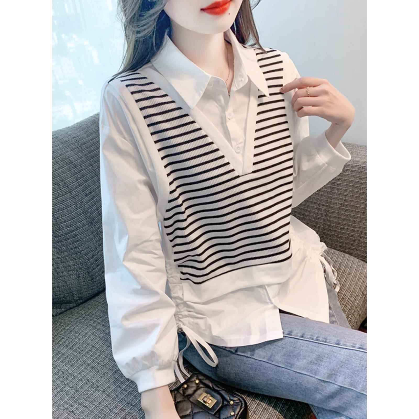条纹衬衫女式长袖2025春秋季新风格设计感小衬衫设计小众假两件式