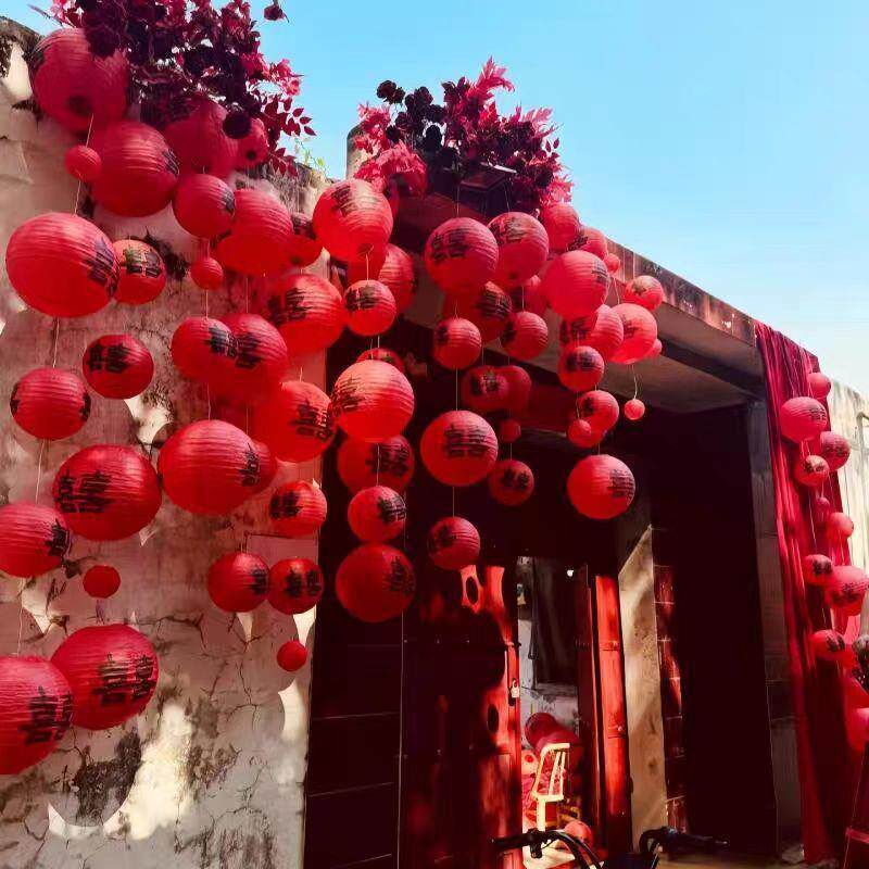 结婚红色喜字灯笼瀑布婚房布置挂饰装饰农村庭院中式婚礼拍照道具