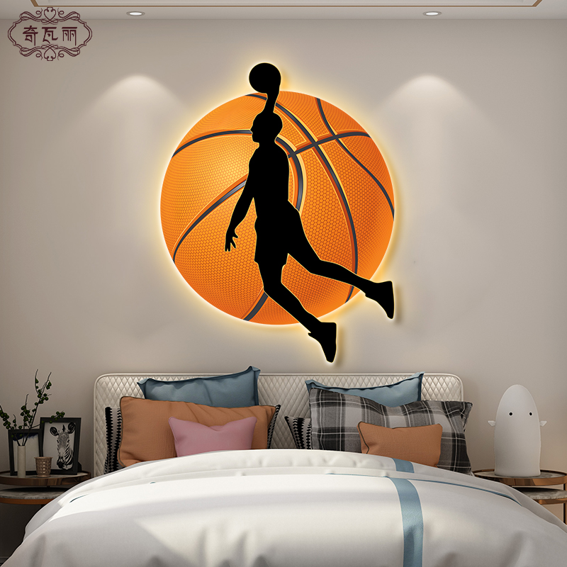 nba篮球男孩儿童房间卧室床头装饰画发光led灯客厅背景墙挂画玄关图片