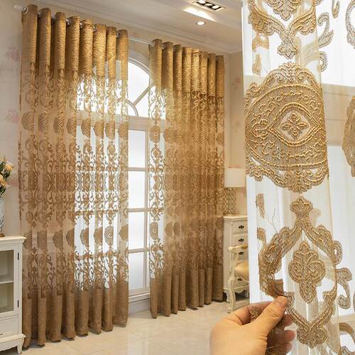 厂家高档奢华欧式大镂空别墅咖色窗帘窗纱帘绣花纱跨境速卖通