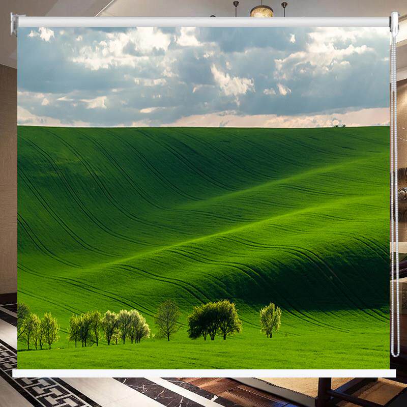 定制白云草山水画卷帘办公室阳台浴室防水遮阳免打孔窗帘
