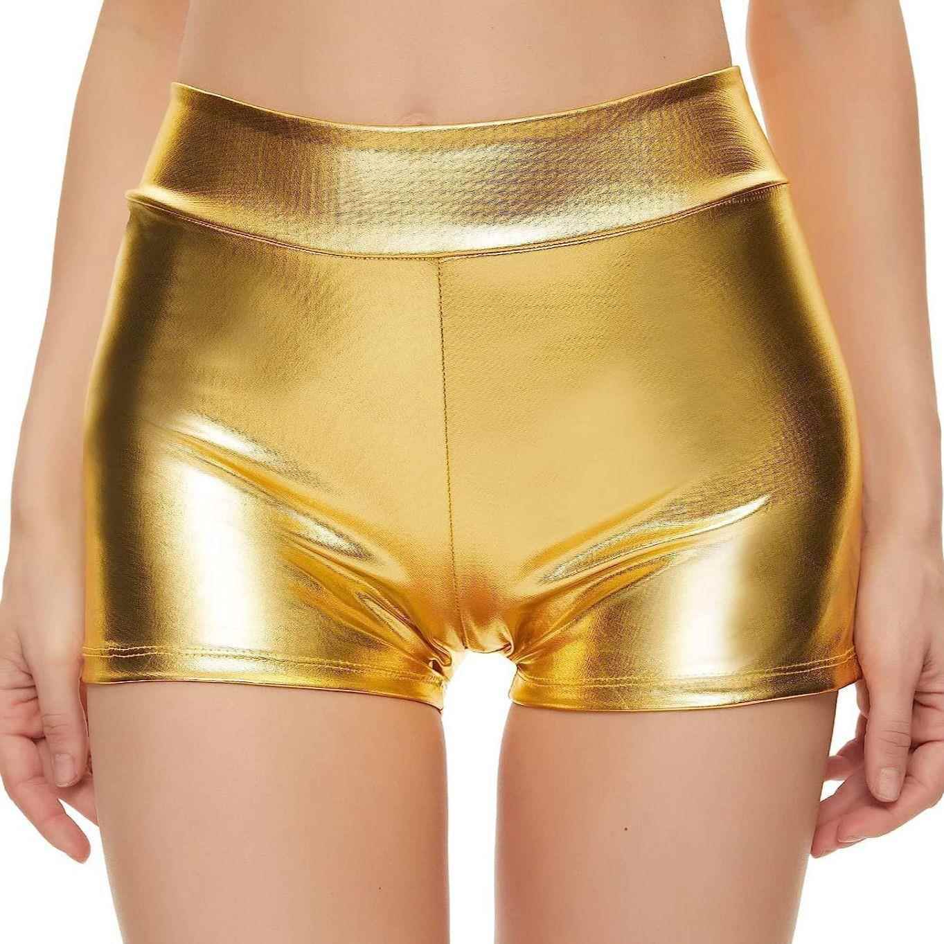 shiny clubwear metallic waist hot pants ladies mid shorts