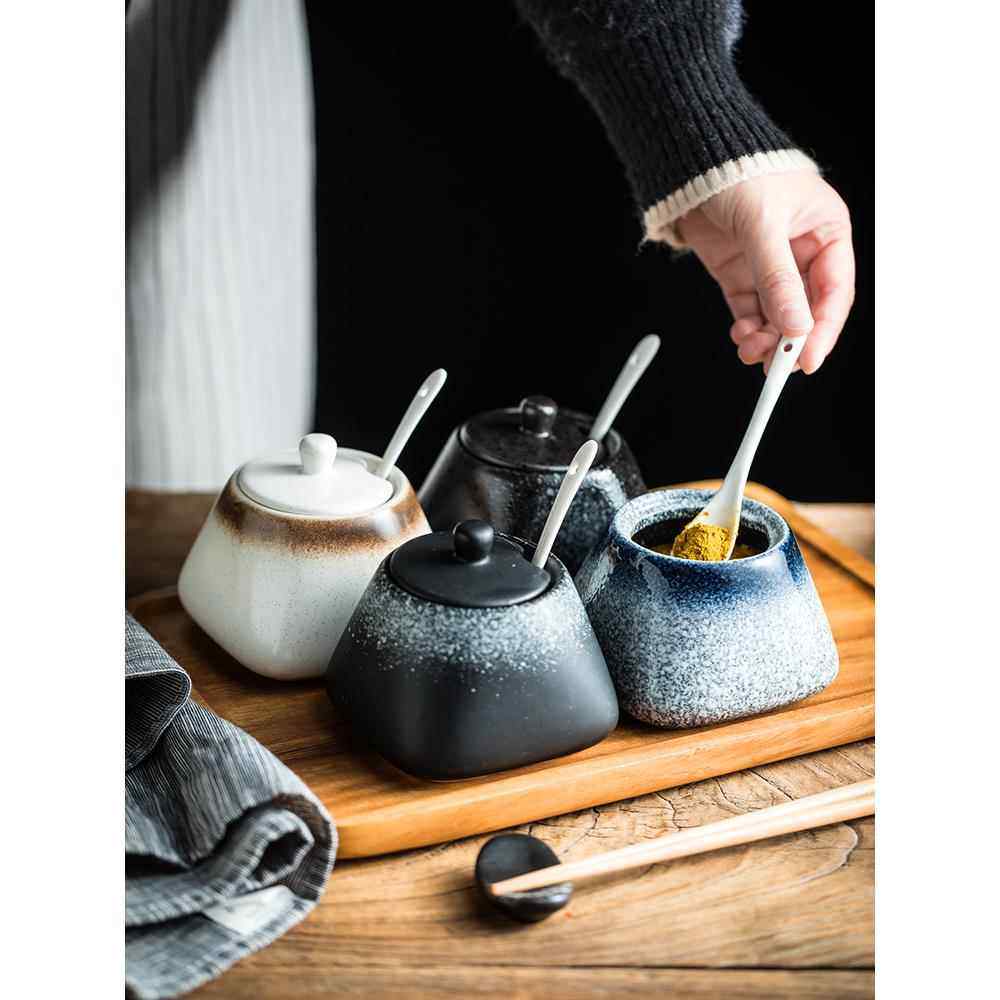 日式调味罐陶瓷调味盒盐罐单户有盖匙盐猪油罐辣椒油罐