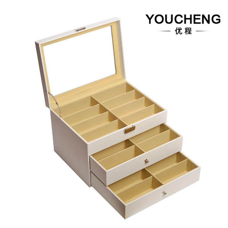跨境新品白色三层眼镜盒pu皮革24位眼镜收纳盒带玻璃天窗展示盒