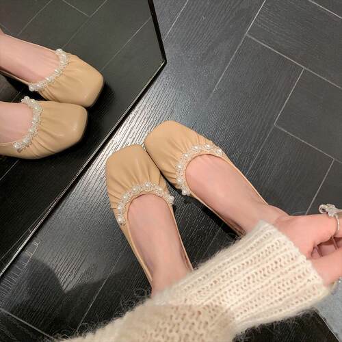 N1-106【惠东易鑫达】方头法式珍珠浅口平底单鞋女奶奶鞋低帮