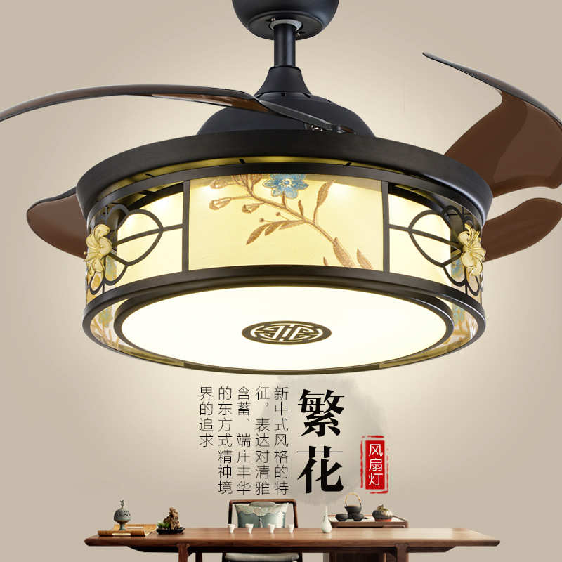 新中式隐形风扇灯餐厅复古黑色中式吊灯电扇现代吊扇灯客厅