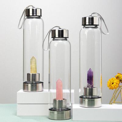 天然水晶柱杯304不锈钢小口提绳学生户外运动玻璃水瓶550ml喝水杯