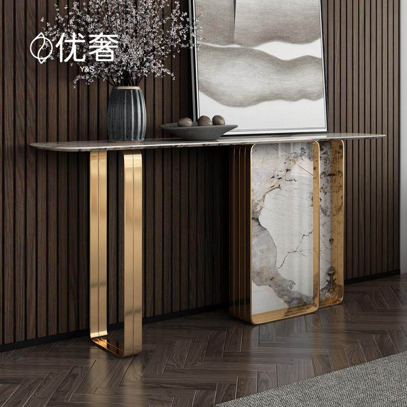 轻奢不锈钢入户岩板玄关桌条案端景台简约现代客厅靠墙走廊装饰柜