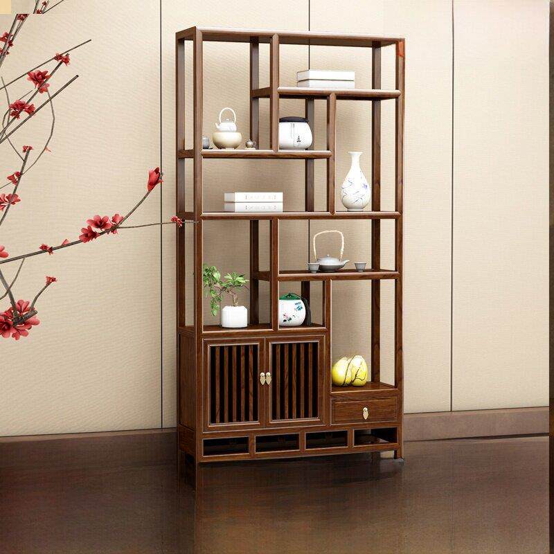新中式风格博古架实木书架黑胡桃木茶室客厅现代简约古董架展示储