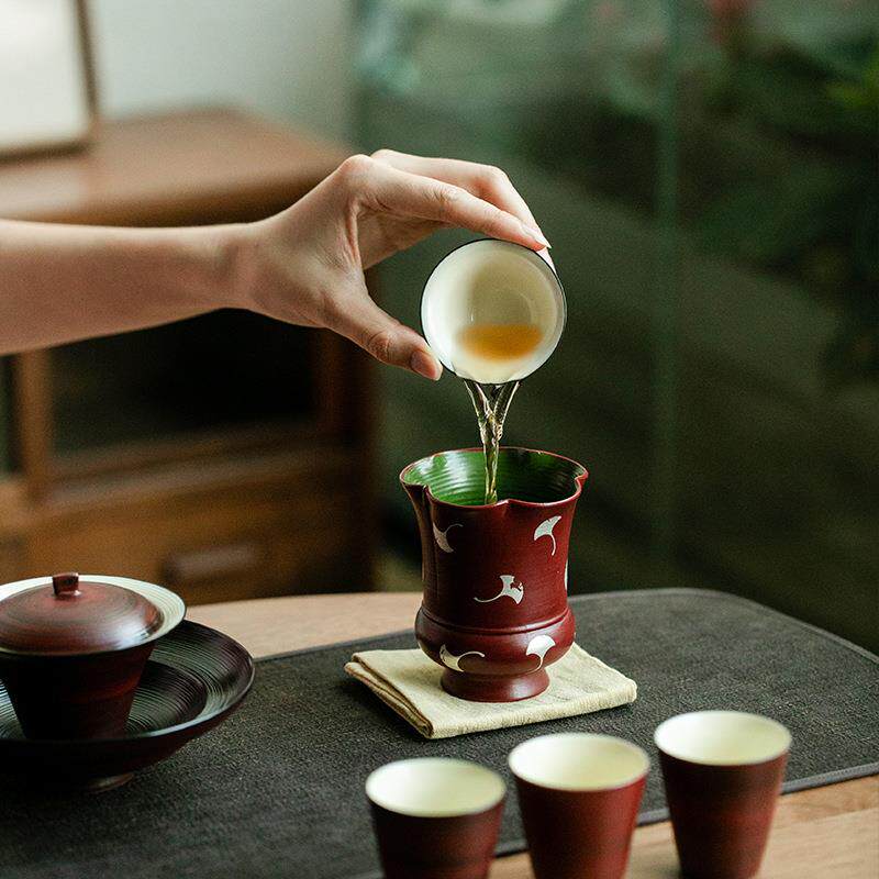 昌朴居粉引胭脂红银杏建水陶瓷茶洗茶渣缸小号水盂家用六君子茶道