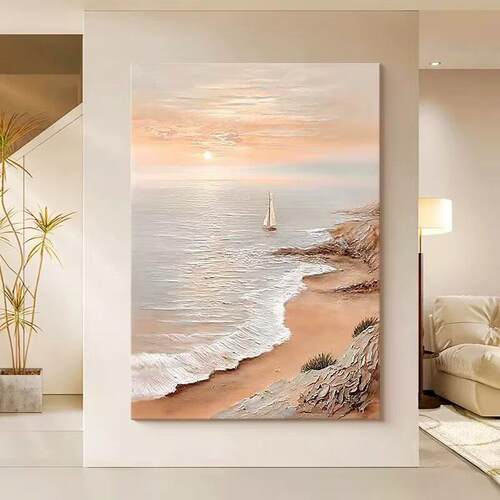 纯手绘油画一帆风顺客厅装饰画奶油风海浪日出立体肌理大幅落地画