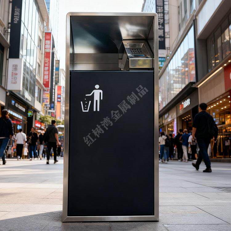 户外简约带烟灰盅方形不锈钢垃圾桶黑色喷塑金属果皮箱筒厂定制