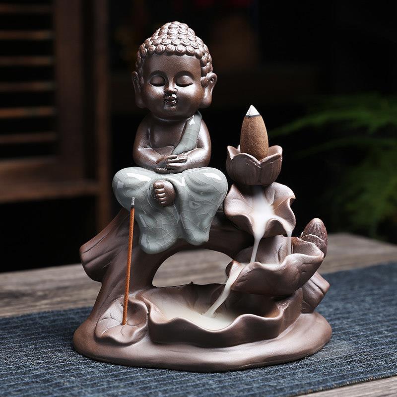 薰香倒流香炉陶瓷摆饰 招财如来创意线香插 复古哥窑和尚室内家用