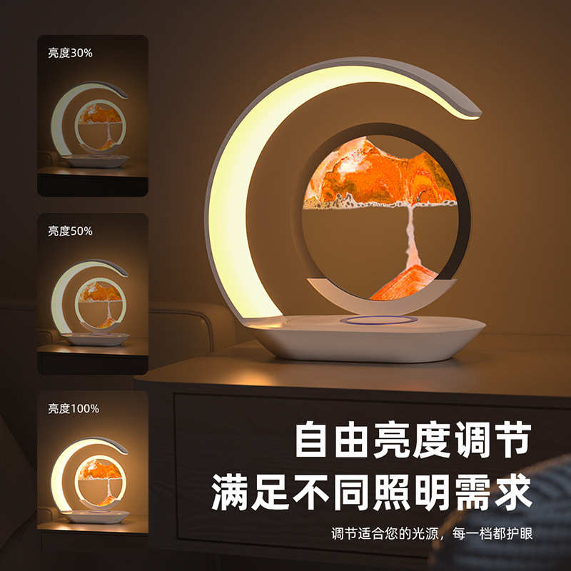 新款流沙画无线充3D电台灯床头卧室装饰灯沙漏摆件月牙款小夜灯图片