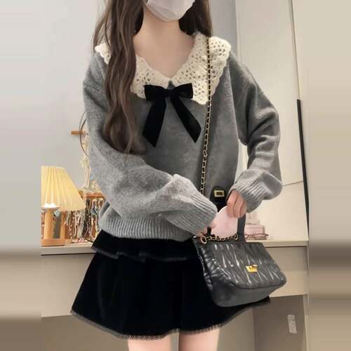 秋冬甜美感穿搭娃娃领毛衣女小个子温柔减龄慵懒风针织衫上0923k