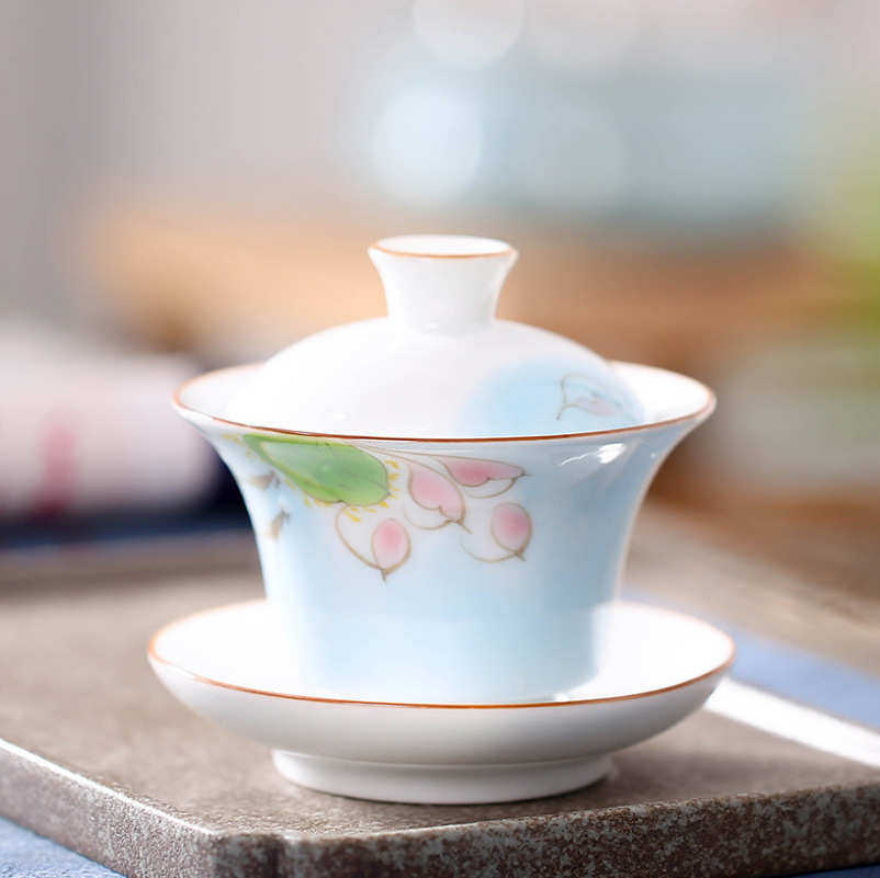 手绘德化白瓷三才盖碗陶瓷功夫茶具配件单品敬茶碗泡茶碗LOGO