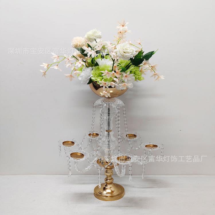 婚庆道具跨境欧式铁艺电镀金色水晶蜡烛烛台婚礼酒店主桌装饰摆件