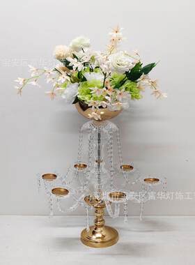 婚庆道具跨境欧式铁艺电镀金色水晶蜡烛烛台婚礼酒店主桌装饰摆件