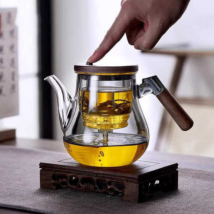 木把飘逸杯泡茶壶一键过滤茶水分离三件杯按压式高硼硅玻璃泡茶壶