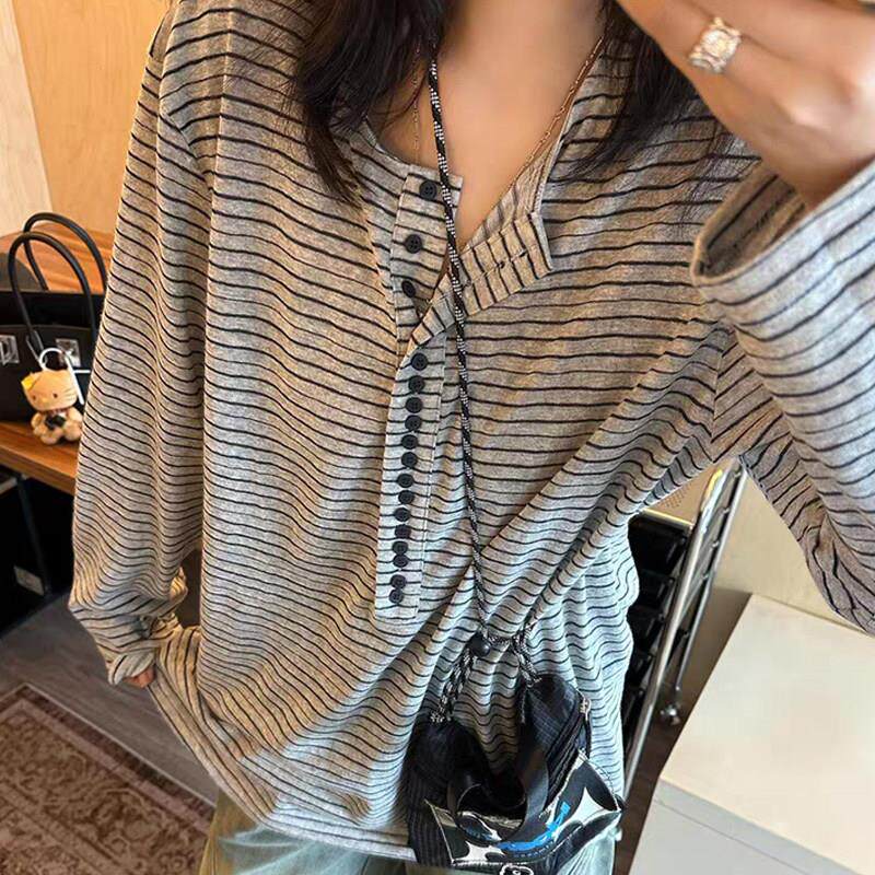 慵懒风灰色条纹半开领长袖t恤女2026春秋季新款显瘦宽松绝美上衣