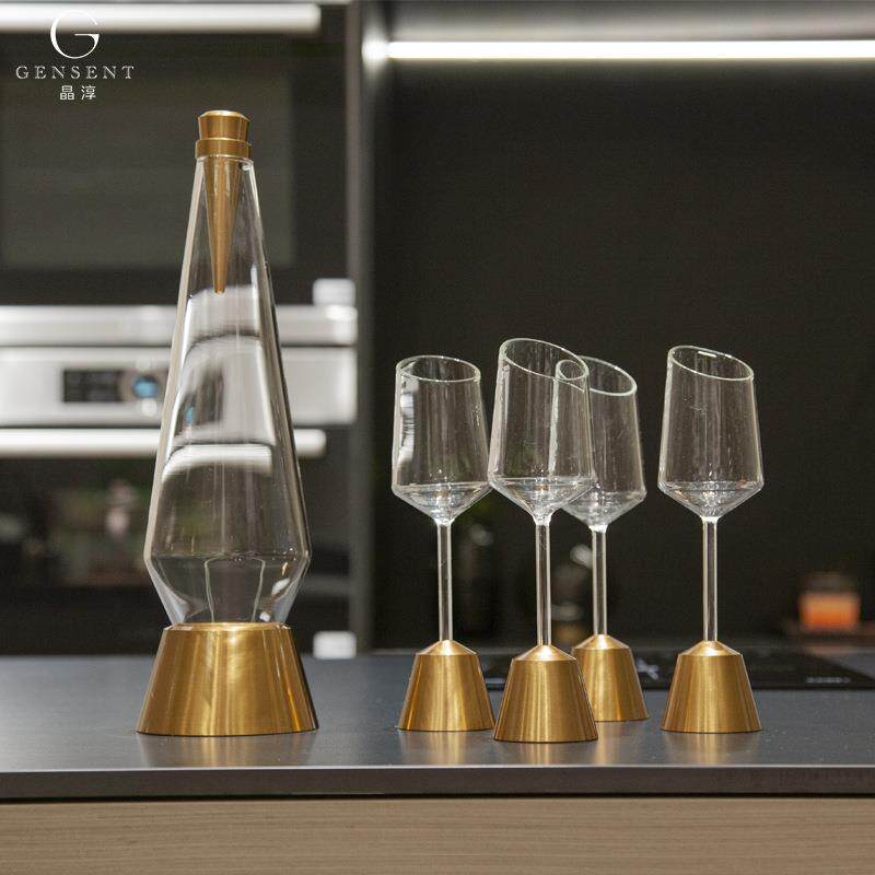 晶淳 金属底座轻者金色水晶玻璃酒壶酒杯套装 餐厅酒柜个性装饰