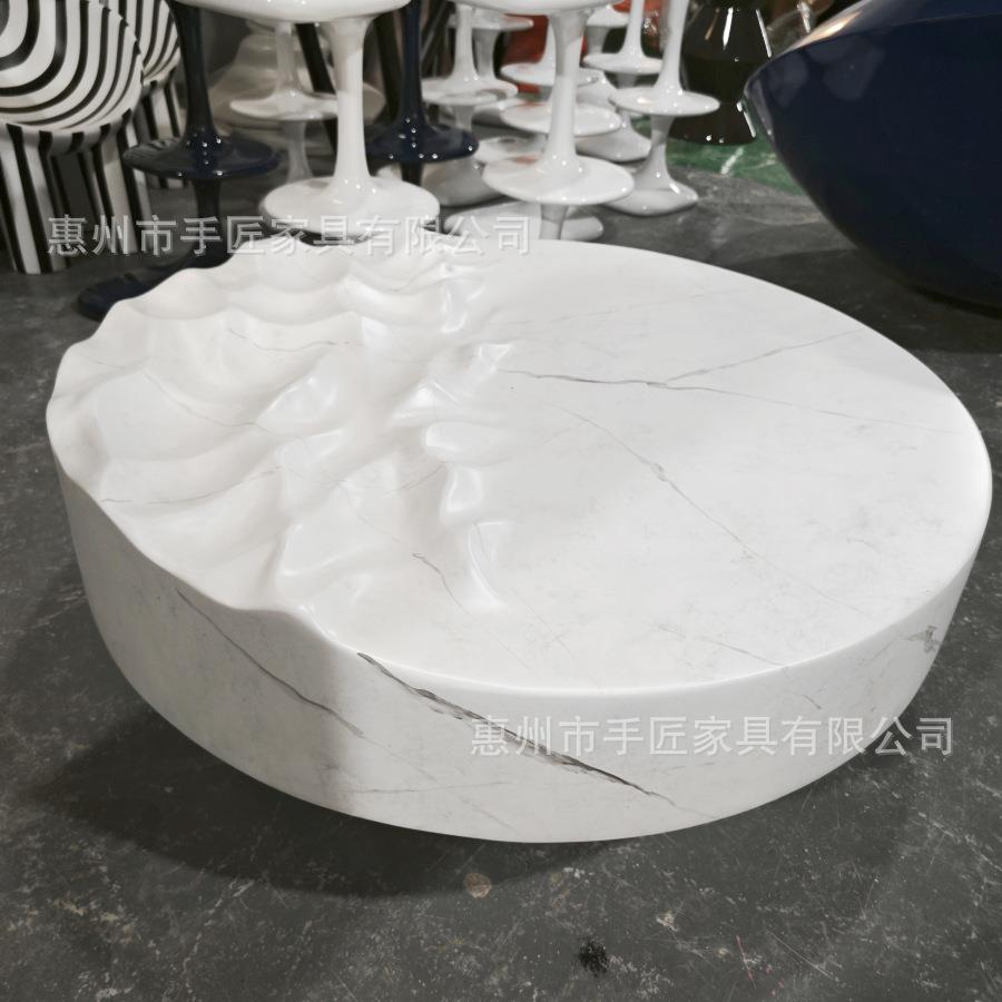 玻璃钢个性水波纹茶几轻奢极简海洋波浪造型仿大理石禅意圆形茶桌