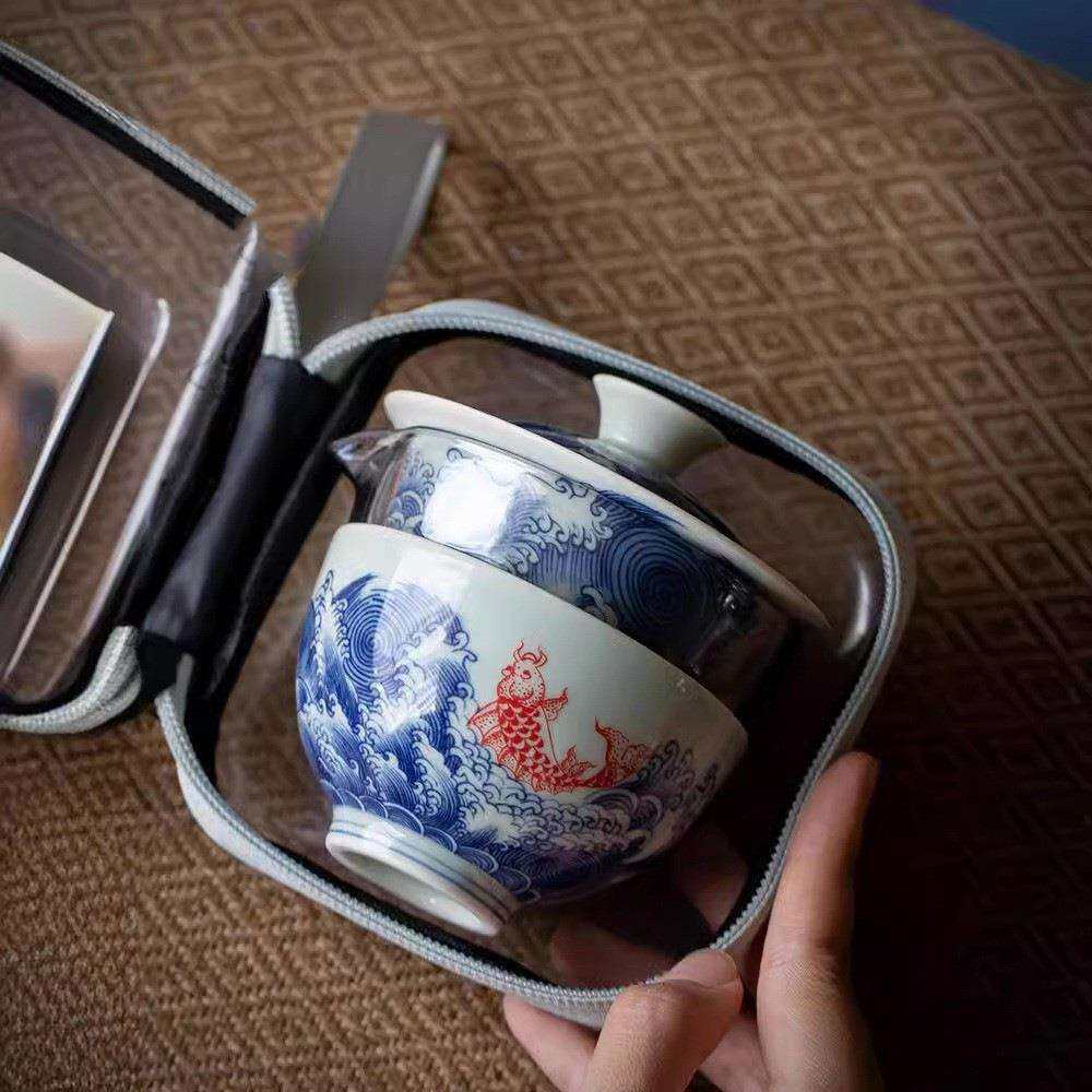 青花瓷快客杯一壶二杯旅行茶具套装车载便携式茶杯泡茶户外露营