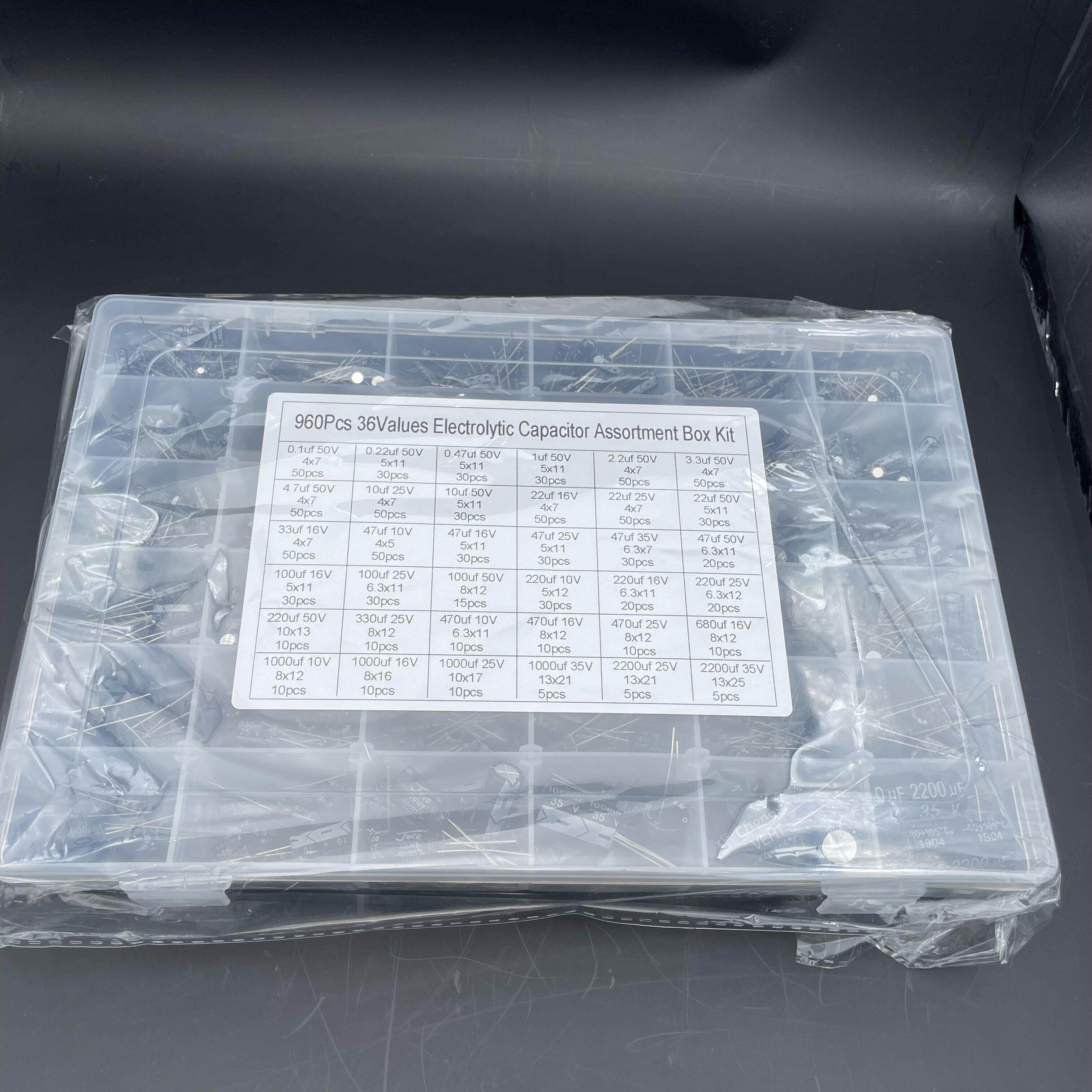 36种容值(0.1uf-2200uf)1000uf 25V35V插件铝电解电容器盒960PCS