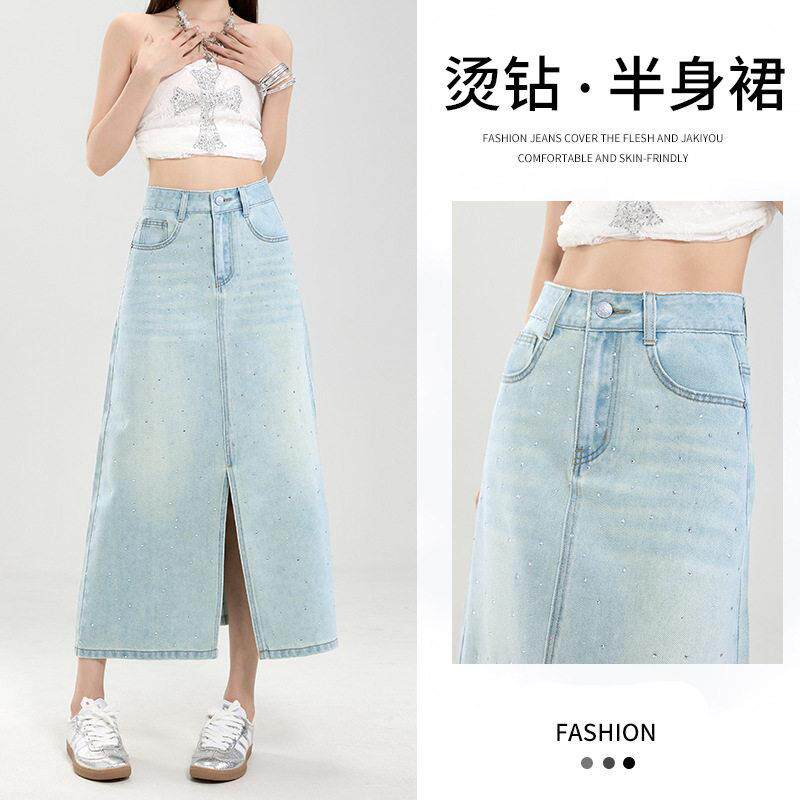 烫钻开叉牛仔半身裙新款包臀中长裙女清新浅蓝春夏腰版