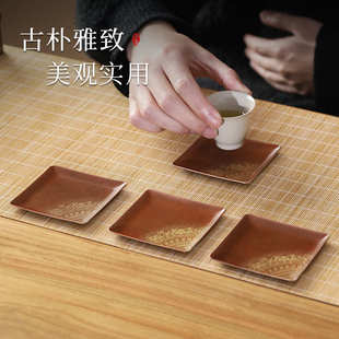 复古铜彩家用茶杯垫方形黄铜茶托滑隔热托杯碟茶具配件 中式