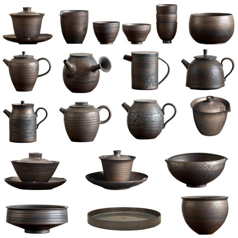 新中式鎏金陶瓷茶壶茶杯公道杯茶洗托盘茶具套装样板间装饰品摆件