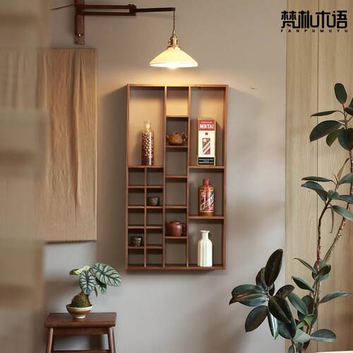 黑胡桃木实木墙上异形多宝格茶杯茶具摆件收纳展示博古架置物架子