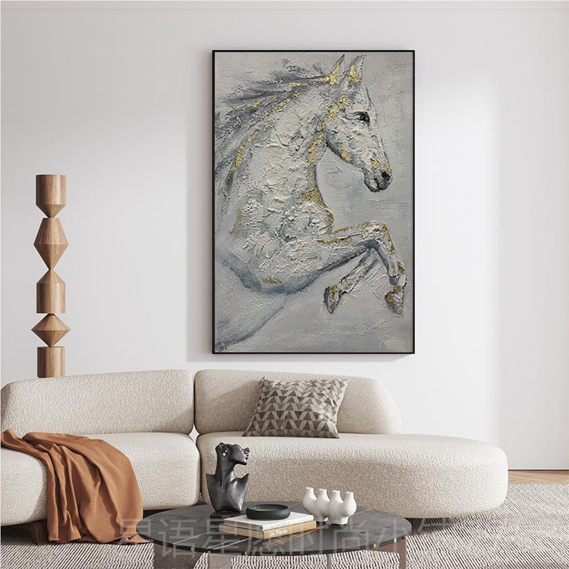 新款高级马到绘成功骏马手油画灰轻画奢装饰画客厅挂玄关立体厚肌图片