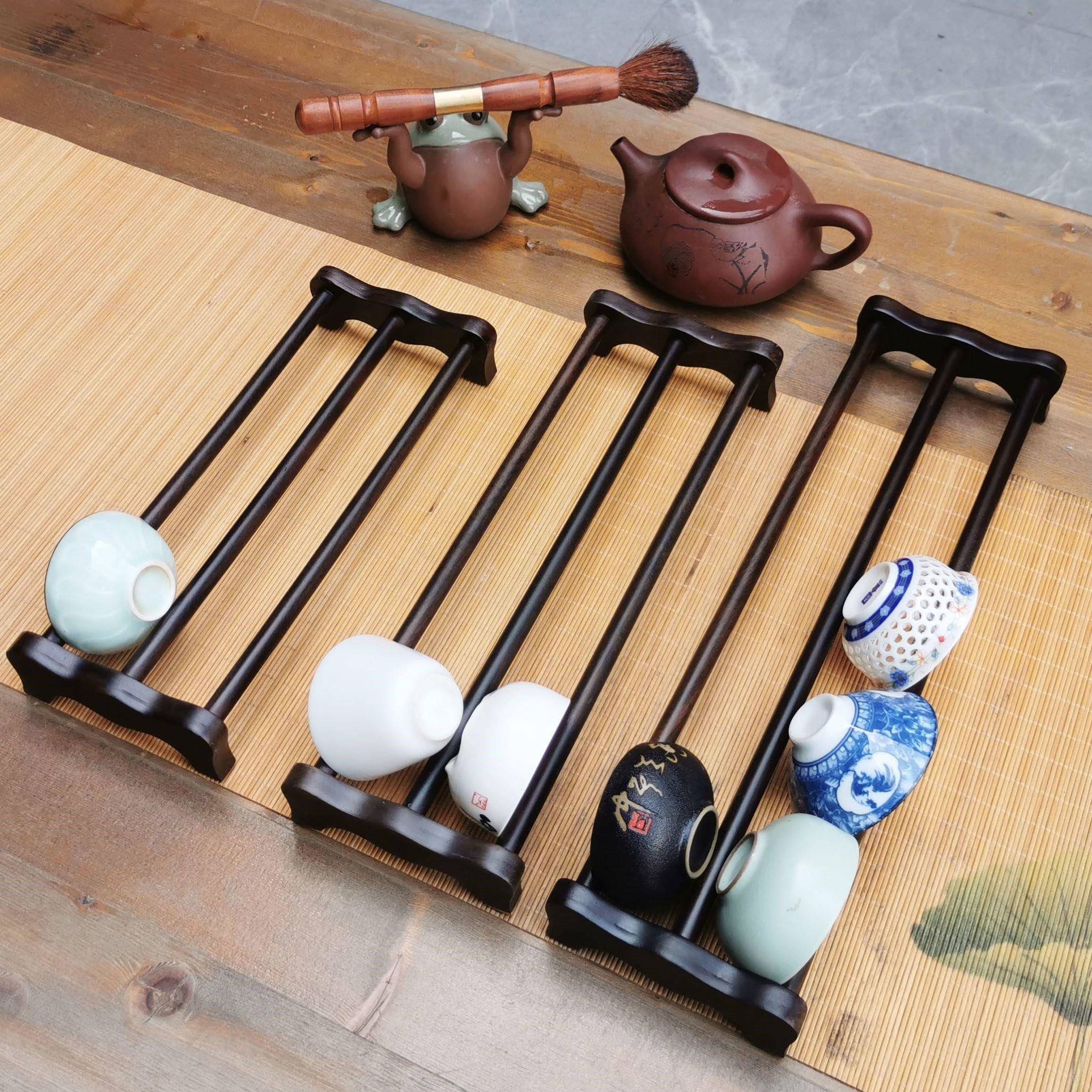 中式木质茶具收纳架 实木桌面功夫茶杯架 晾杯沥水置物架