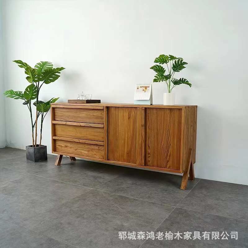 复古老榆木餐边柜侘寂风长方形落地玄关储物餐边柜新中式实木柜子