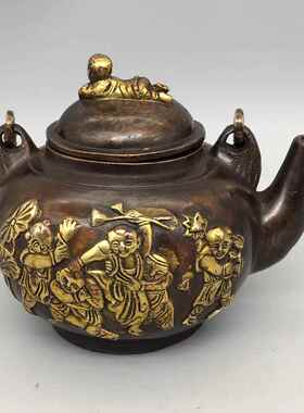 收YX-10-08藏龙凤壶器年年有壶五子夺莲茶余壶童子牧牛铜壶五牛提