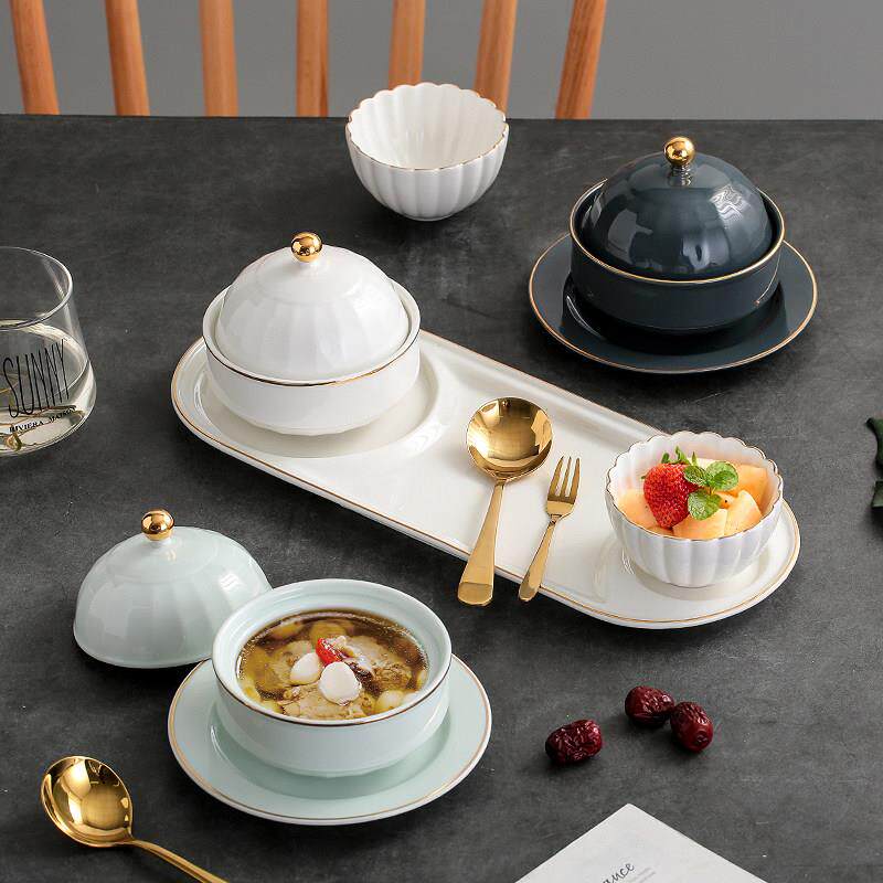 金边陶瓷燕窝炖盅带盖子隔水炖锅美容院位上糖水粥甜品碗点心小汤