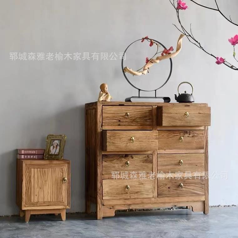 老榆木餐边柜风化纹理老门板收纳柜新中式餐边柜墙边柜榆木储物柜
