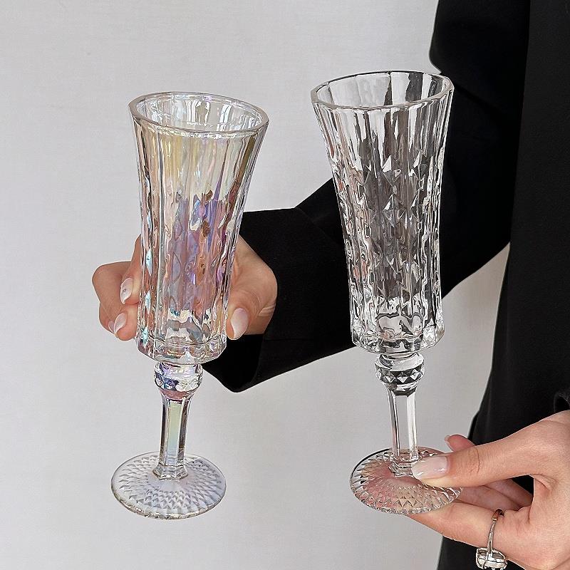 浮雕高脚香槟杯ins风高颜值玻璃水杯女覆古洋酒红酒杯甜果酒杯子