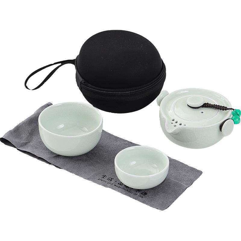汝窑快客杯一壶二杯旅行茶具套装单个人专用便携式手抓泡茶壶茶杯