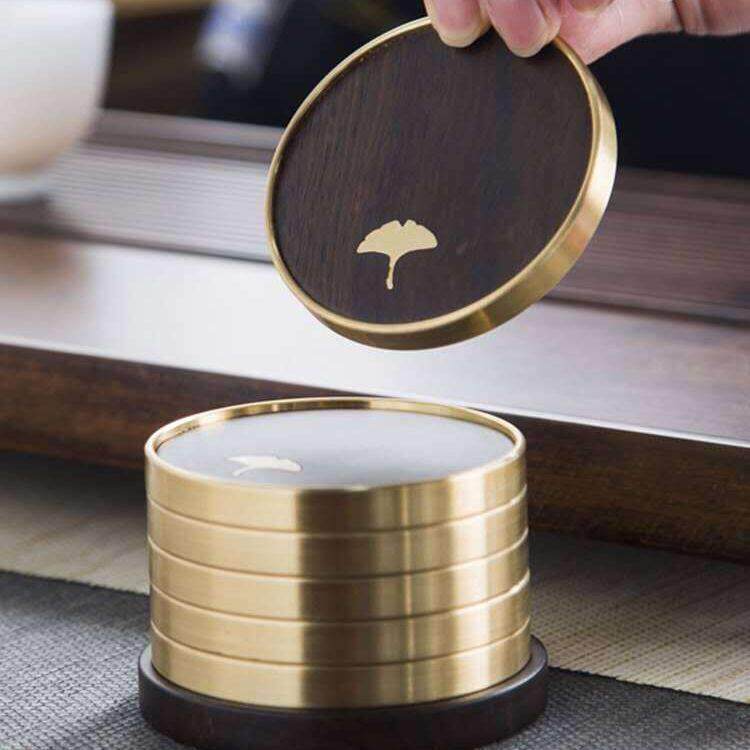 纯铜茶杯托黑檀木杯垫家用功夫茶具茶道配件隔热茶垫子6片装