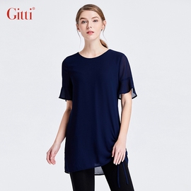 Gitti/吉蒂夏款纯色喇叭袖雪纺衫中长女大码显瘦短袖T恤衫G191343
