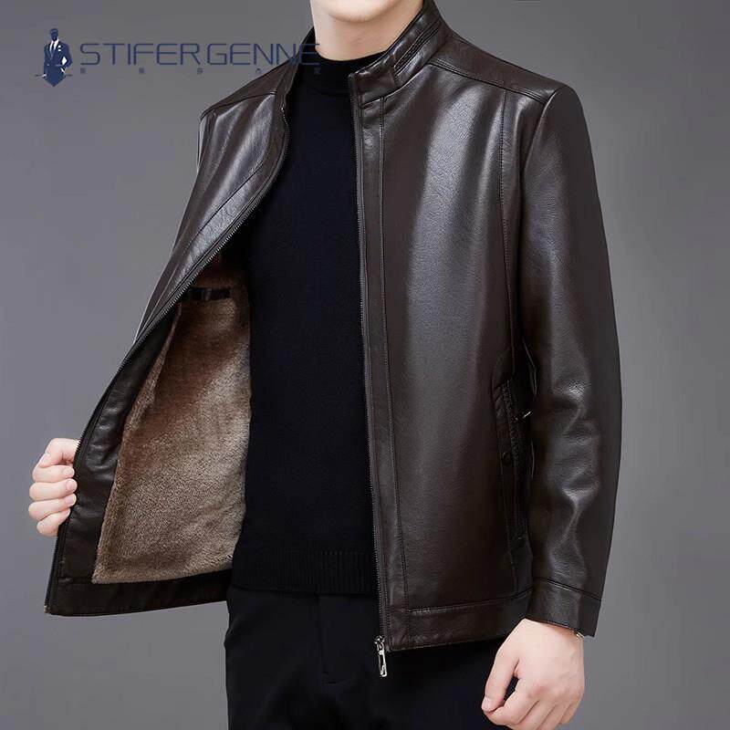STIFER GENNE真皮皮衣外套男春秋季休闲冬装大码男士立领夹克加绒