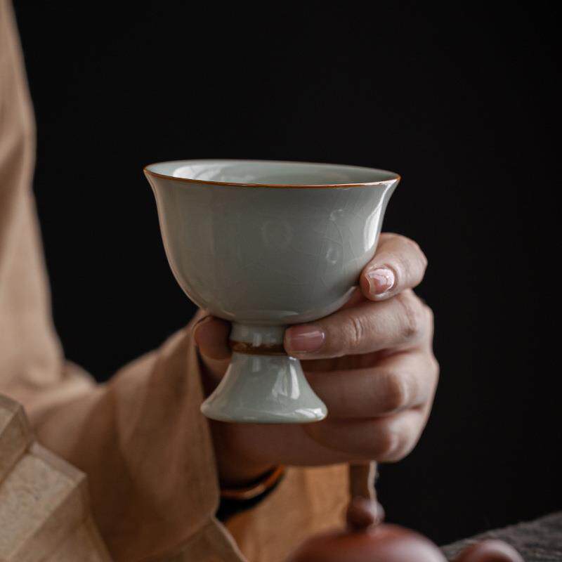 新款直销粗陶手工开片汝窑天青功夫茶具高脚茶杯品茗杯汝窑单杯主