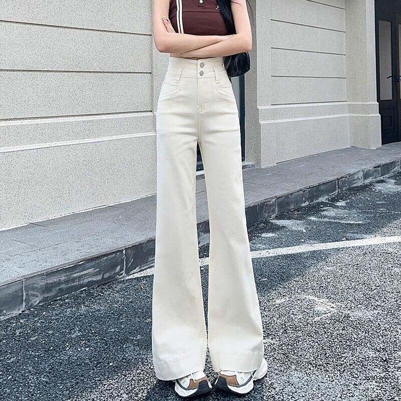 米白色微喇牛仔裤女2026夏季新款高腰显瘦宽松垂感阔腿拖地喇叭裤