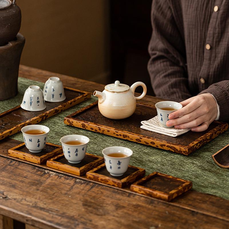 斑竹茶盘竹干泡壶承梅鹿竹边框岩石台面茶台茶具展示盘茶道零配件
