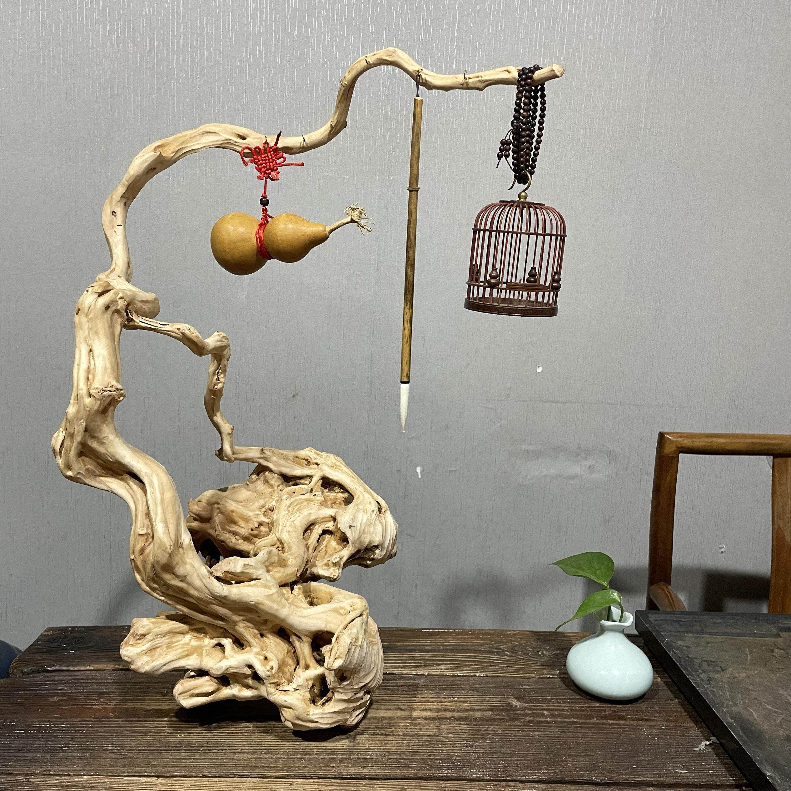 风化枯木摆件杜鹃根艺崖柏树根雕螽斯笼鸟笼挂架客厅玄关装饰品