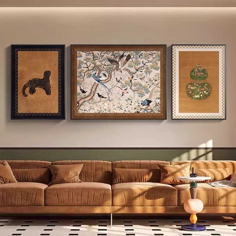 中古风客厅装饰画法式轻奢复古三联画新中式沙发背景墙挂画高级感,家居饰品,现代装饰画,淘宝优惠券,粉丝福利购,淘宝优惠卷