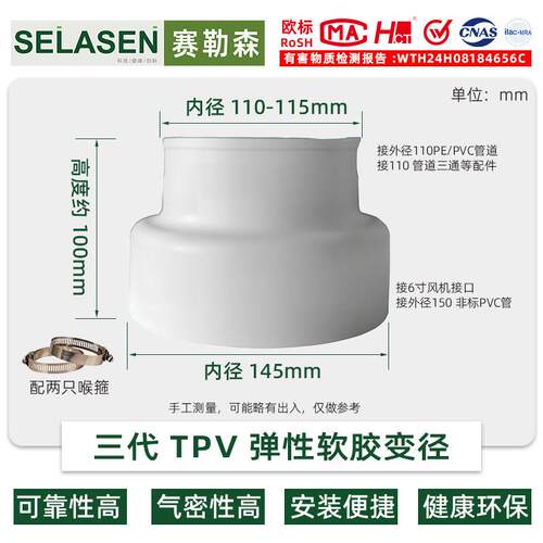 新风管道通风机150转110软变径接头TPV环保大小头主机法兰软连结